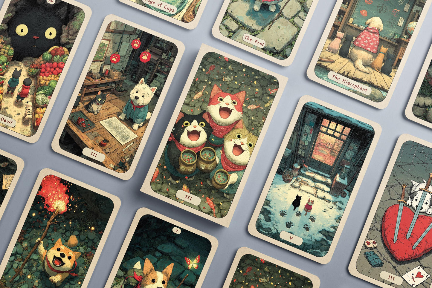 Paw Tarot Destesi – Sevimli Hayvan Temalı 78 Kartlık Tam Tarot Destesi – Ghibli İlhamlı Evcil Hayvan Kehanet Kartları – Rider–Waite Uyumlu