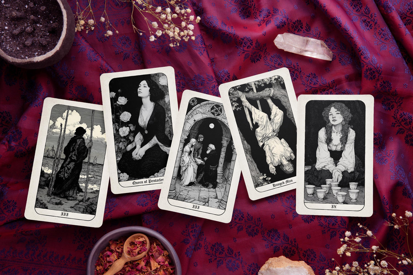 Dark Tarot Destesi – 78 Kartlık Gotik Tarot – Okült Siyah Beyaz Kehanet Kartları – Klasik Rider–Waite Uyumlu – Cadılık ve Gölge Çalışması